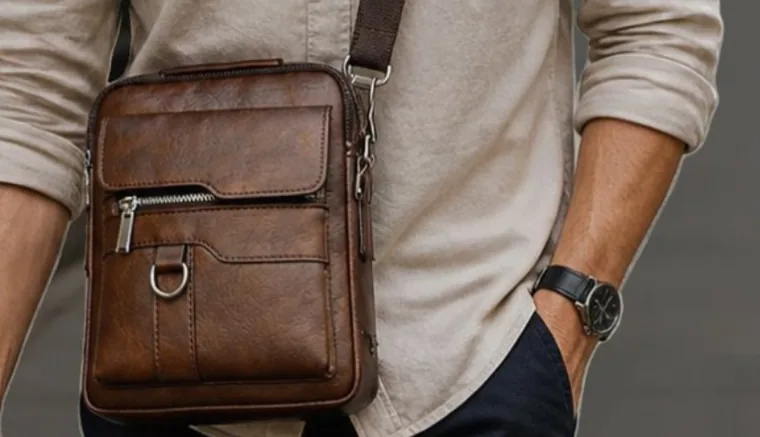 Bolsa Transversal Milano em couro marrom, usada a tiracolo
